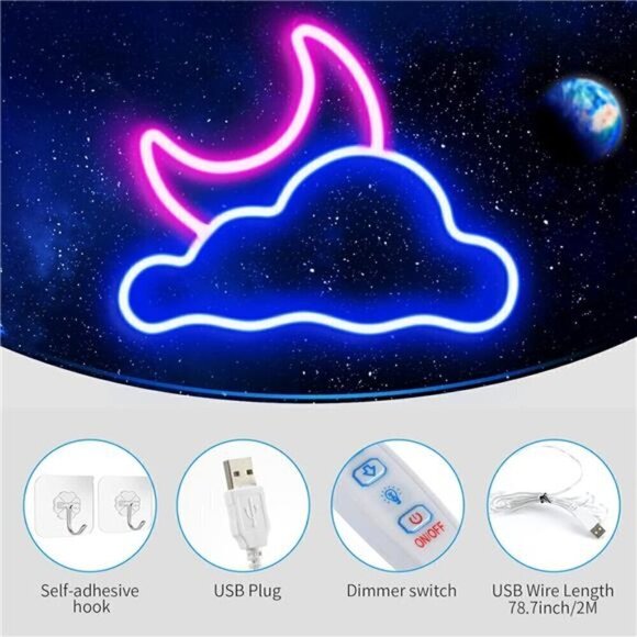 Neon Sign Cloud Moon Led Light Wall Decor USB Powered Led Bedroom Kids Baby NEW - Picture 2 of 8